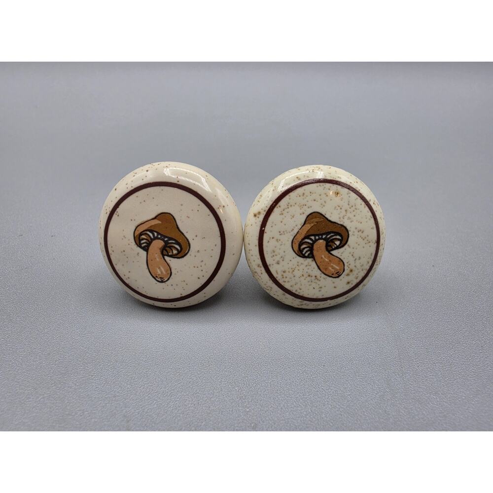 Vintage 1970s Mushroom Speckled Ceramic Cabinet Drawer Pull Knobs Japan Set Of 2